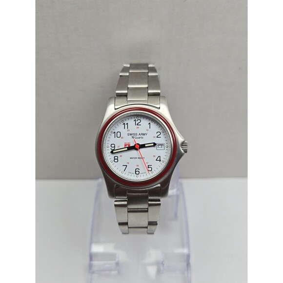 Swiss Army Accessories - Vintage Swiss Army 1759 30mm Quartz Field Watch Red Bezel White Dial New Battery